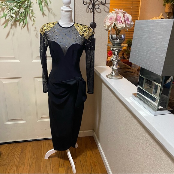 Vintage 80’s Caché Gold Embellished SheerArm Dress - Picture 6 of 13